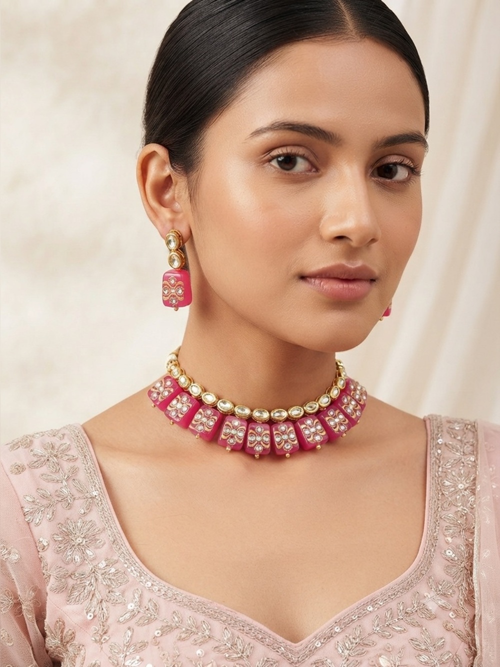 Kundan Pink Beaded Choker Necklace Set | Indian Floral Statement Jewelry